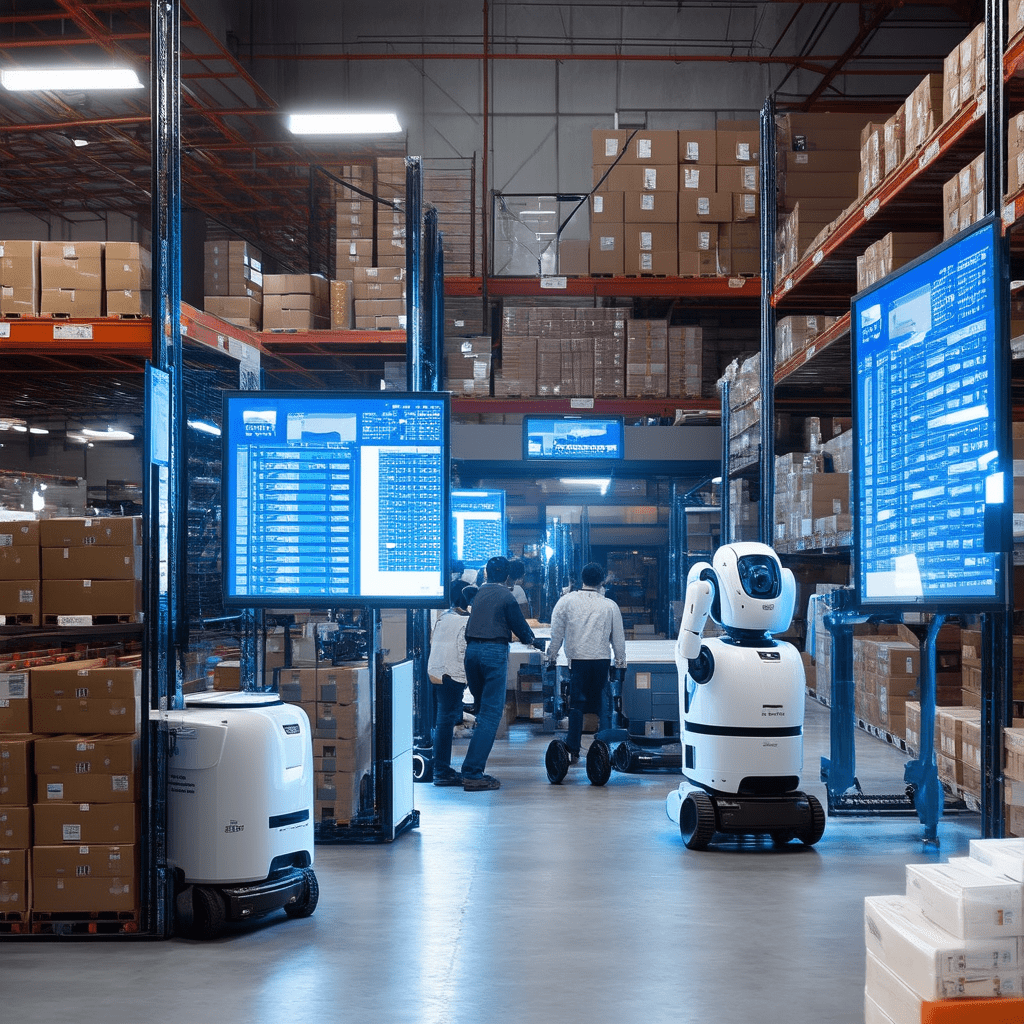 A dynamic scene of a small warehouse or retail store utilizing AI. The image features automated robots handling inventor - Small Business Applications: How AI Can Drive Growth and Innovation