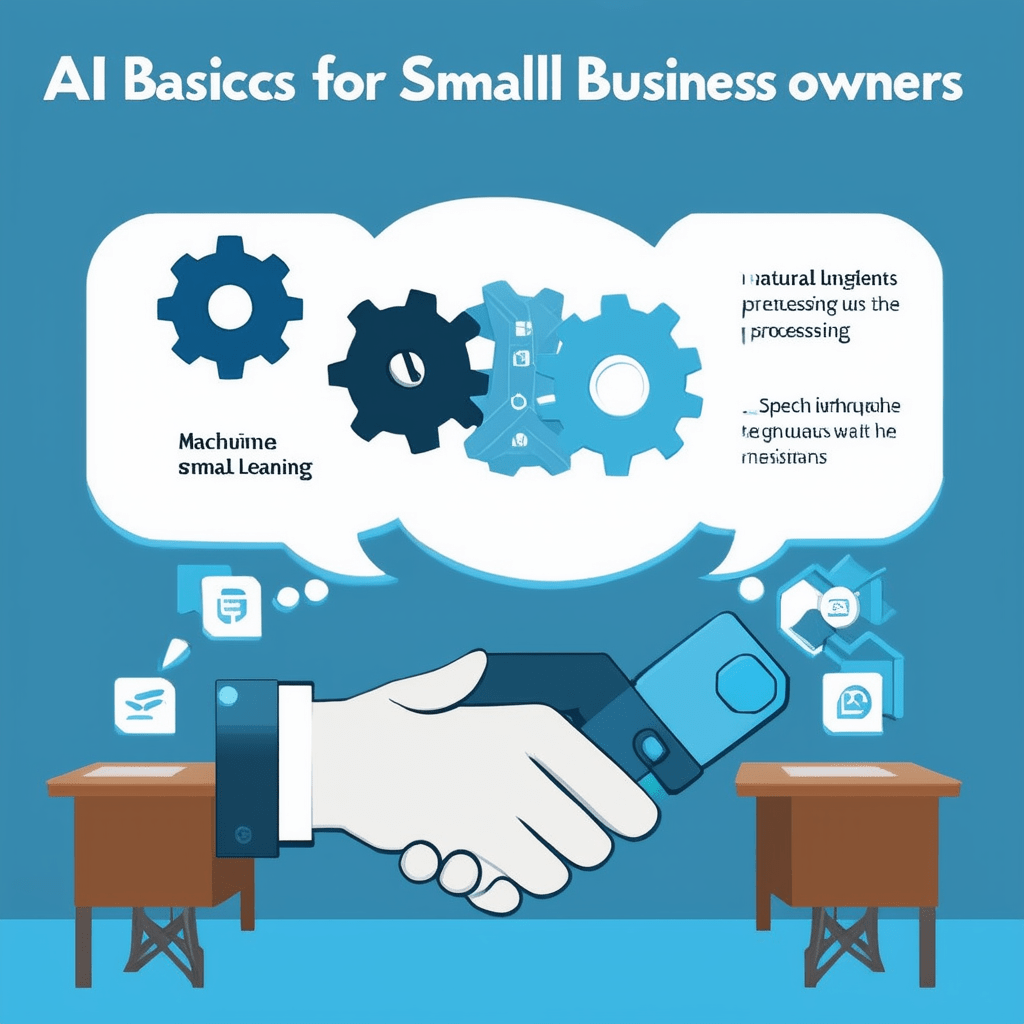An infographic-style image explaining AI basics for small business owners. The design includes elements like gears repre - Small Business Applications: How AI Can Drive Growth and Innovation