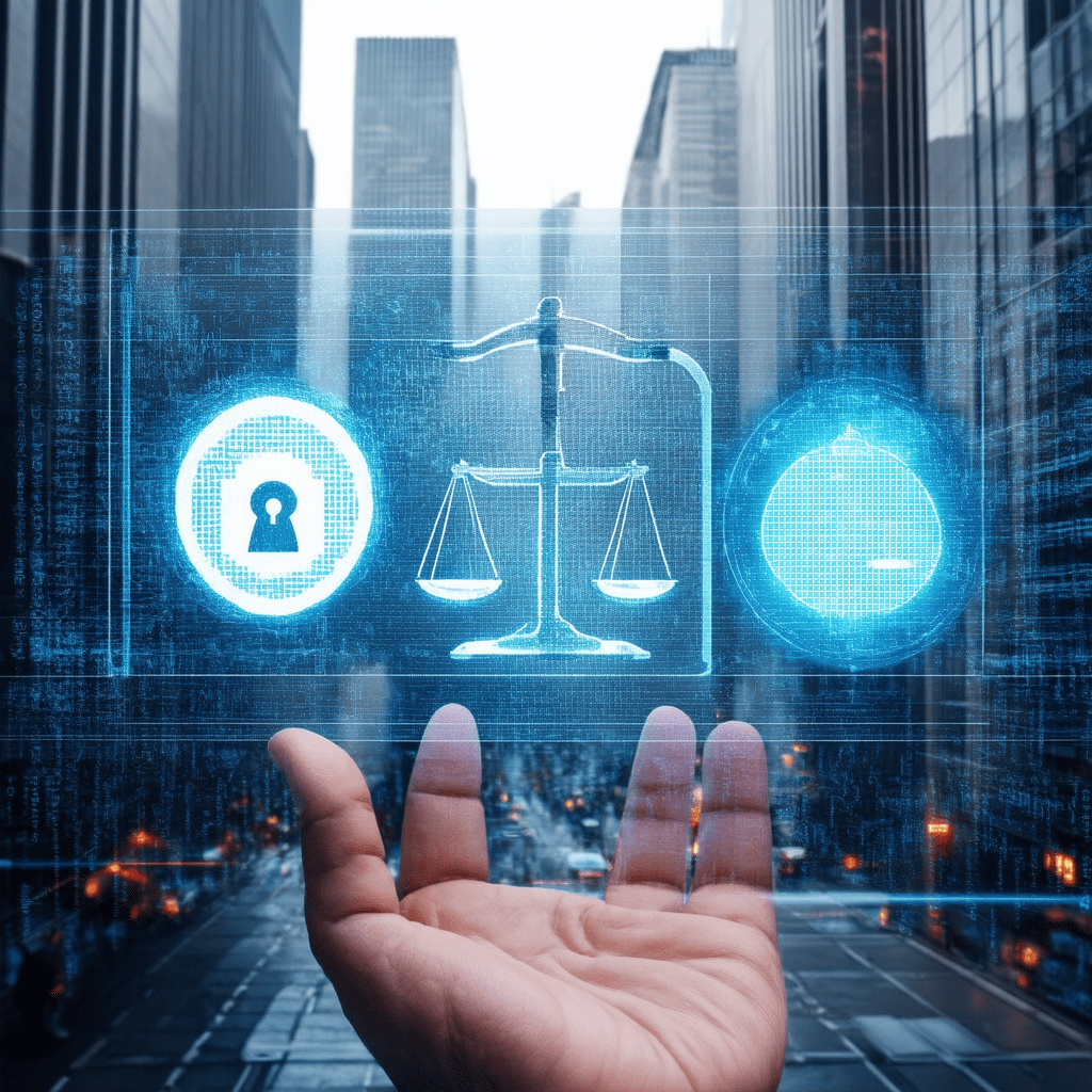 A photorealistic image illustrating ethical concerns in AI: a collage of three elements—a digital lock symbolizing priva - Understanding the Ethical Implications of AI in Financial Services