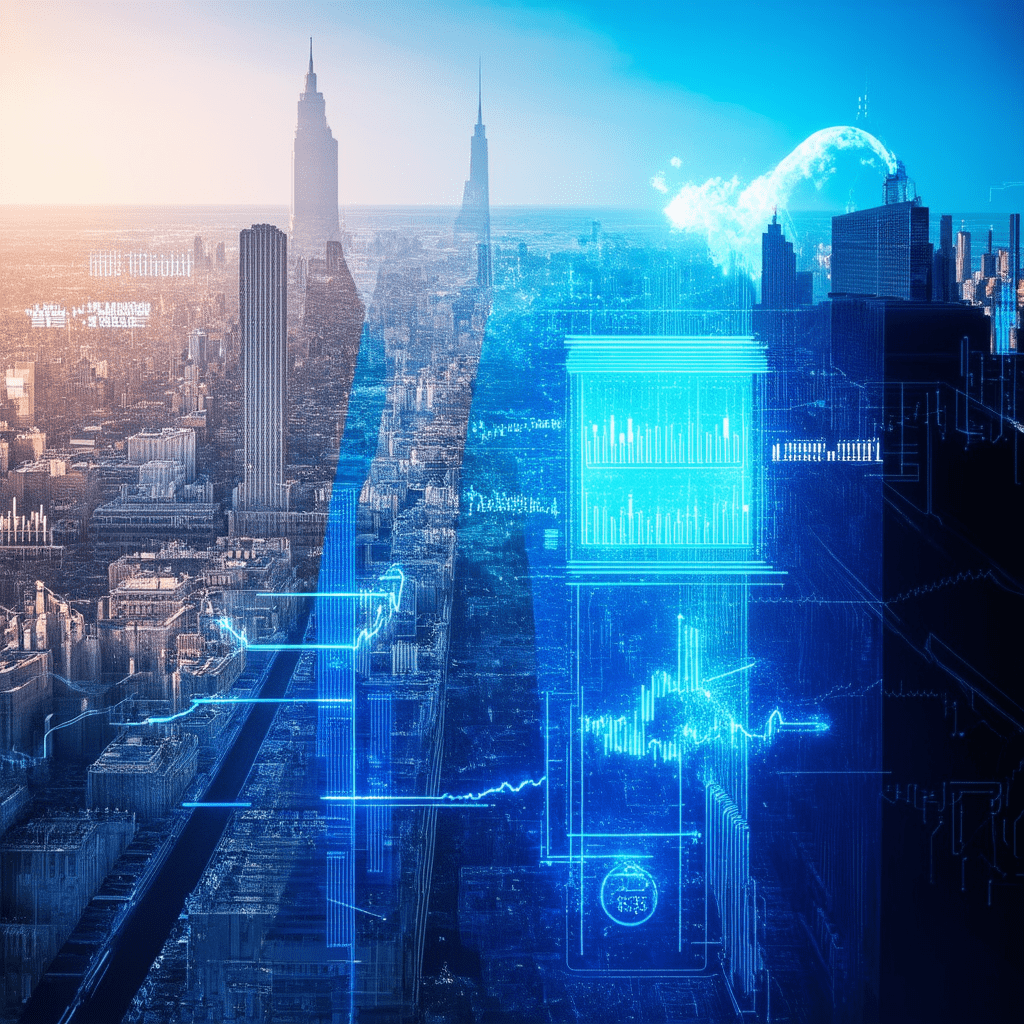 A photorealistic image showing the dual nature of AI in financial services: a futuristic cityscape with skyscrapers symb - Understanding the Ethical Implications of AI in Financial Services