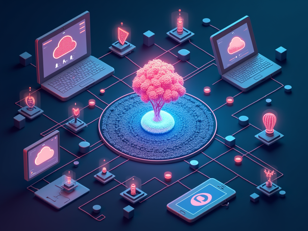 A visionary depiction of the future of social media with AI, showcasing examples of AR/VR integration and ethical AI systems.