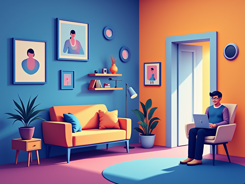 Create a vibrant vector art image showcasing AI-powered devices like smart thermostats, virtual assistants, and security systems in action within a...