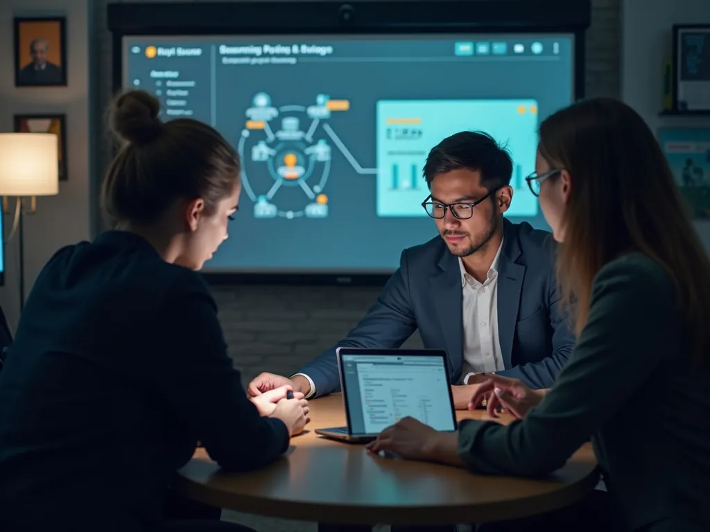 Show an image of a small business team engaged in a training session on AI tools, with a focus on collaboration and technology usage.