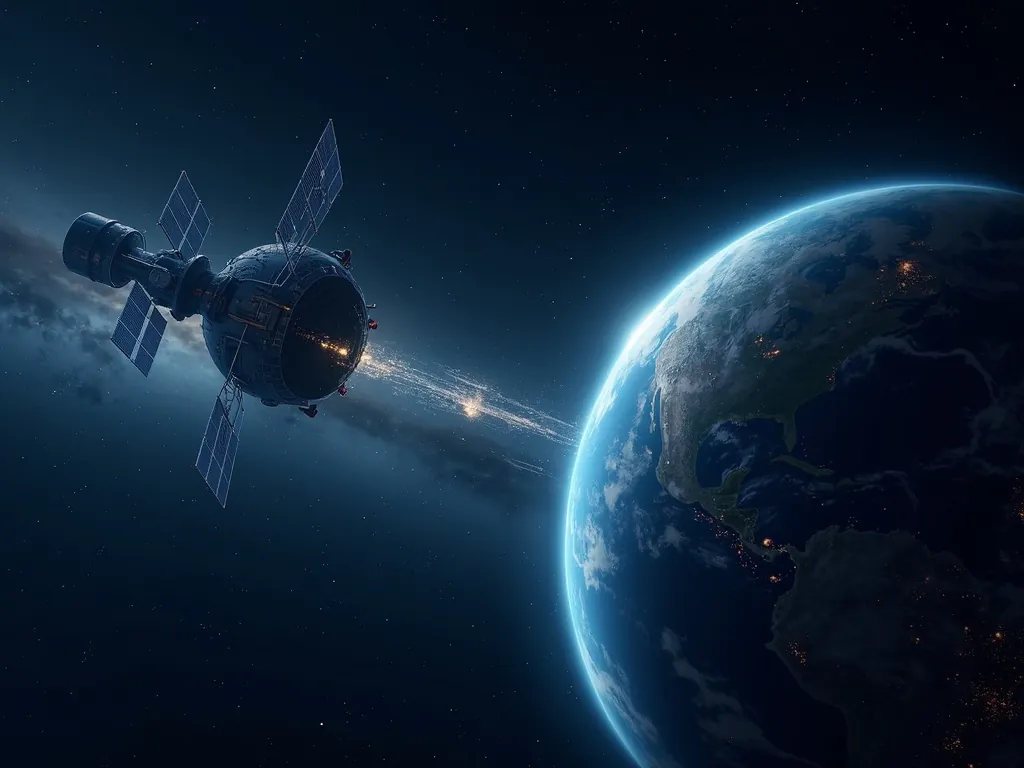 Create an image showcasing AI technology facilitating advanced communication systems between Earth and spacecraft. Include elements like satellites se