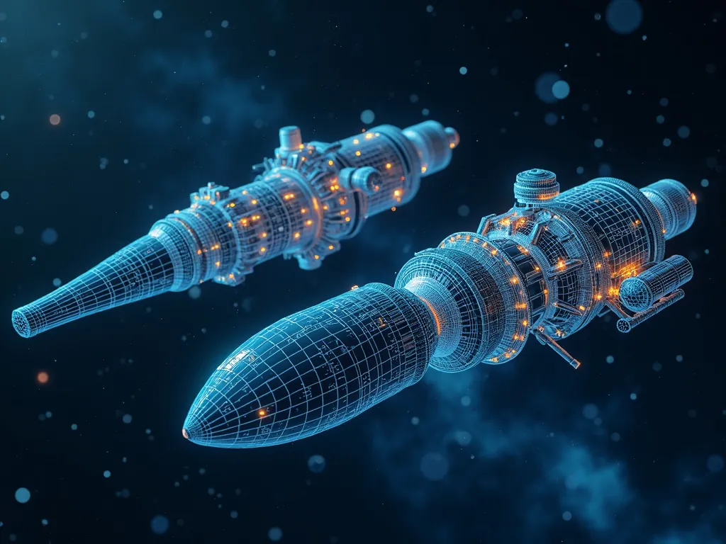 Depict an AI system analyzing and simulating spacecraft designs, highlighting different components and stress tests.