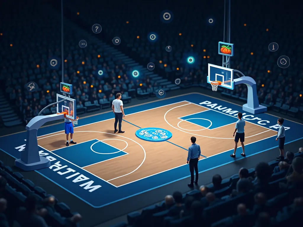 Dynamic graphic showing AI suggesting play strategies during a live basketball game.
