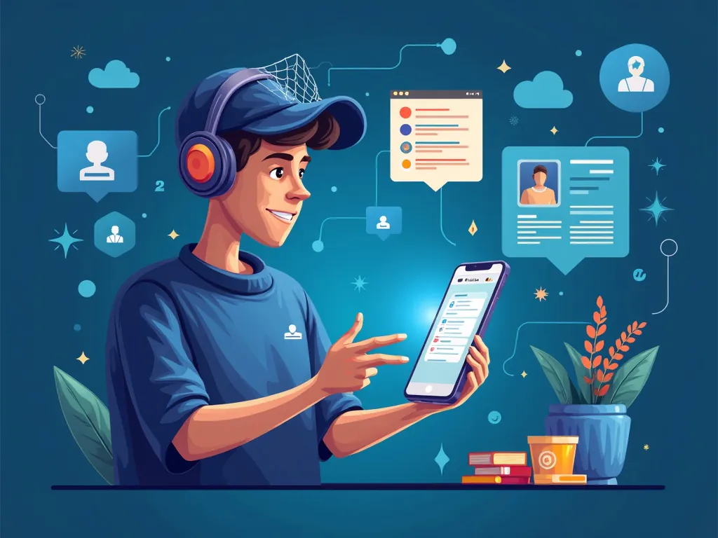 Illustration of a sports fan using a mobile app powered by AI to access real-time game statistics and personalized content.
