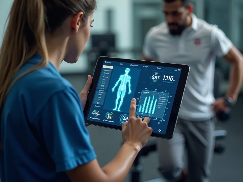 Image showing a physical therapist using an AI application to monitor an athlete’s recovery metrics on a tablet.