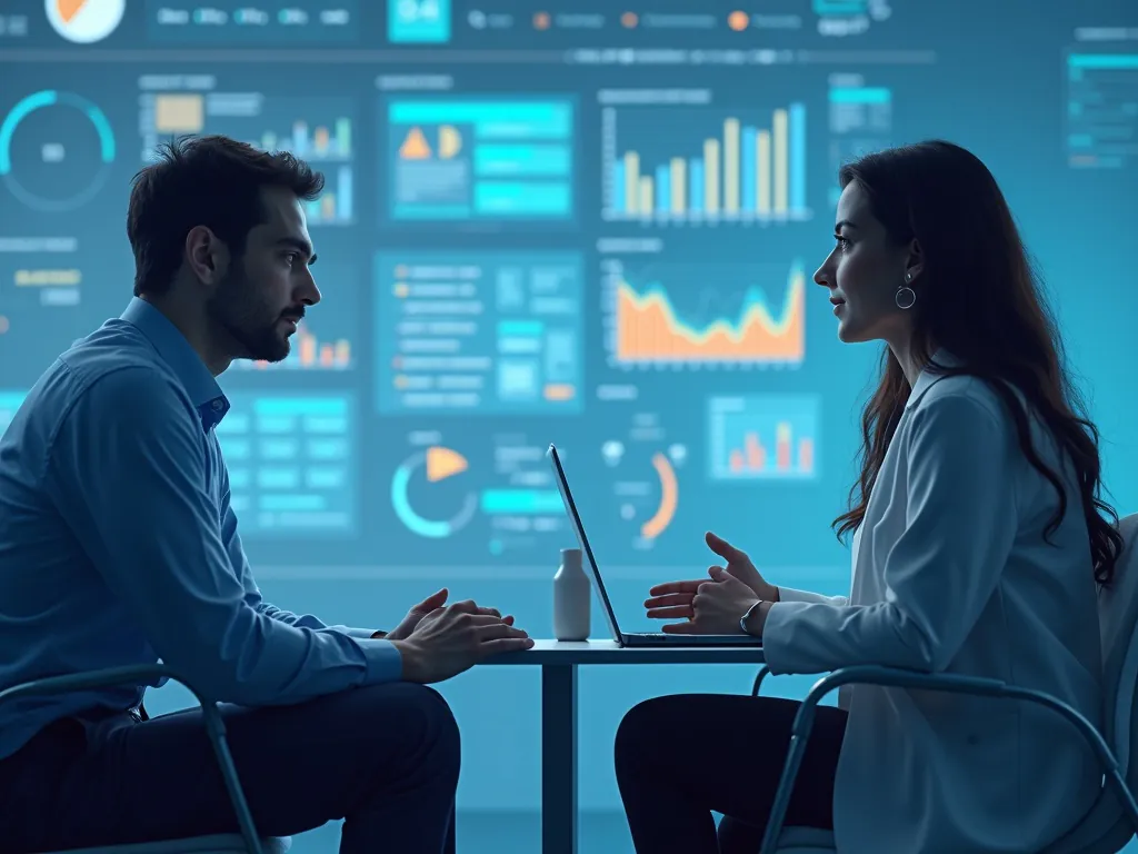 Visualize an AI system and a human therapist working together, with the AI displaying data analysis and the therapist engaging with a patient.