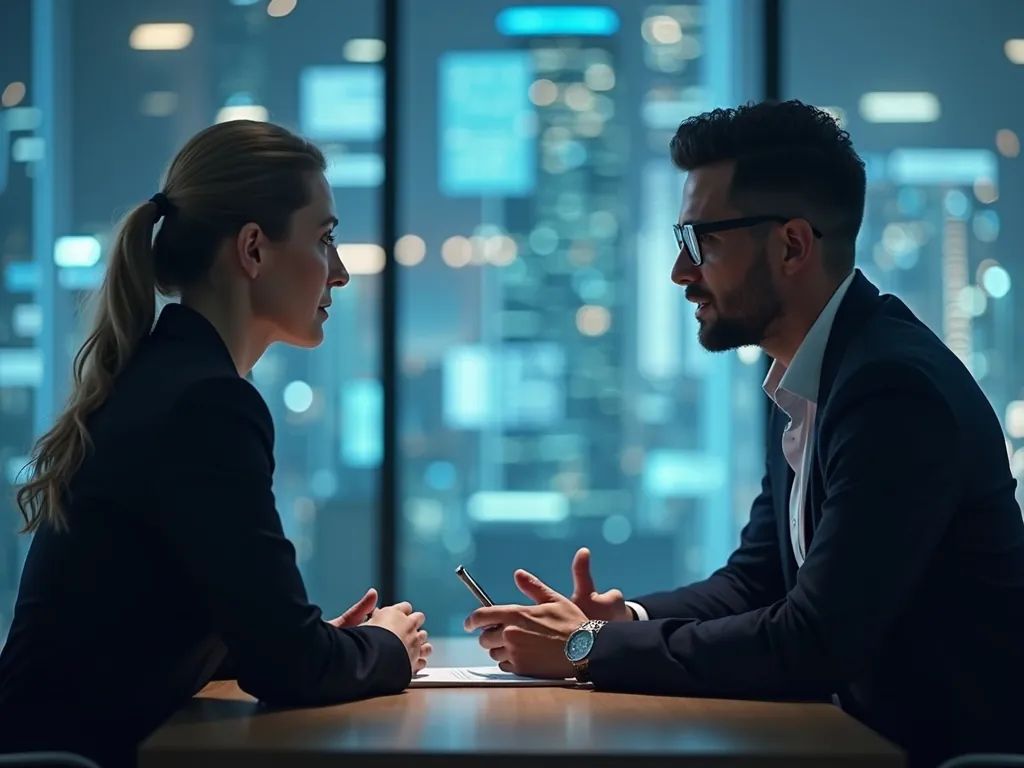 Create an image showing a discussion between a lawyer and a tech expert, focusing on ethical aspects of AI in law.