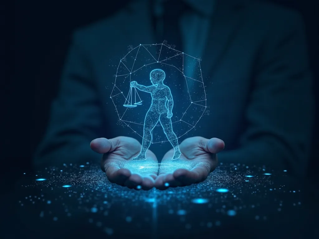 Design an image visualizing AI predicting a court case outcome with futuristic elements like holograms or digital interfaces.