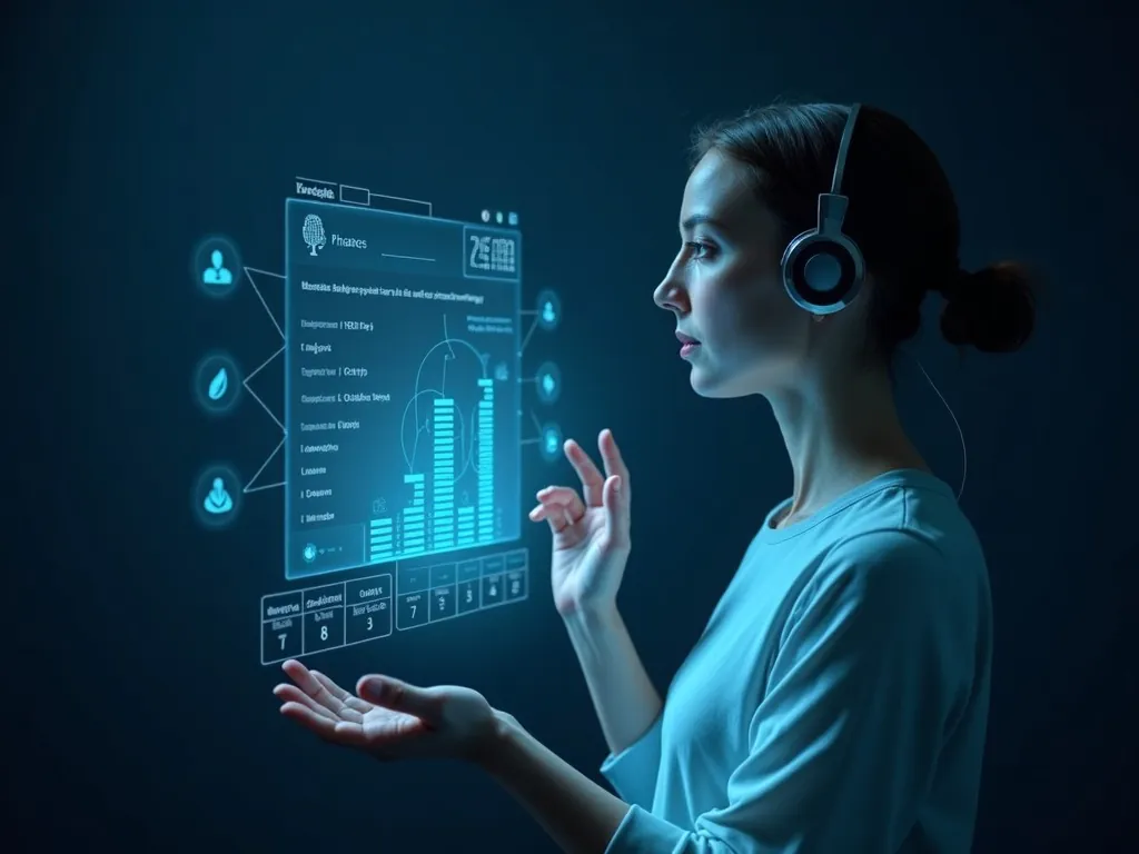 'Create an image showing a futuristic AI personal finance assistant activated by voice command, displaying financial advice on a holographic interface