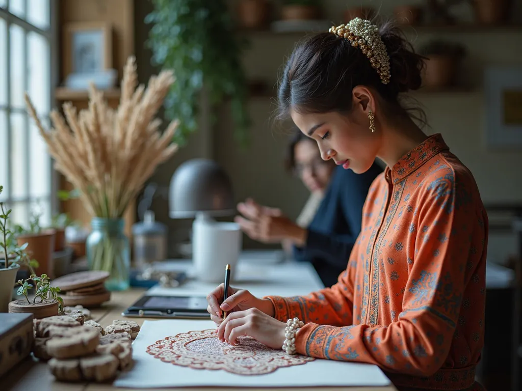 A fashion designer using AI software to merge traditional crafting techniques with modern design elements, demonstrating a fusion of past and present