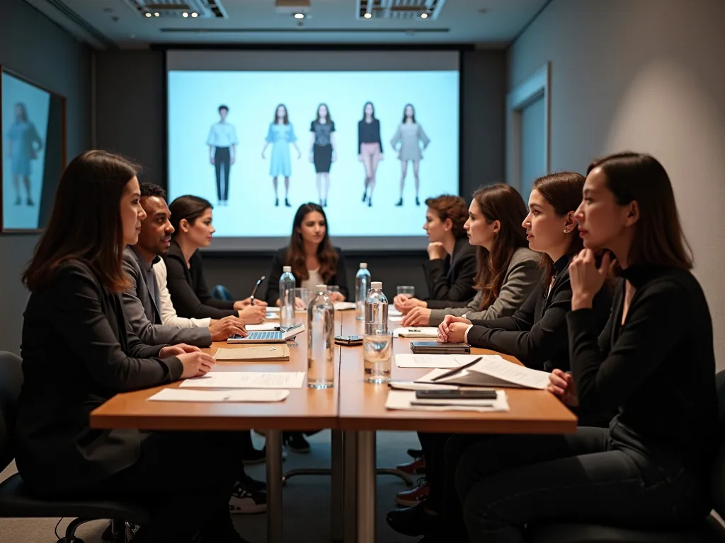 An ethical committee meeting discussing guidelines for AI use in fashion, focusing on issues like data privacy, bias, and employment.