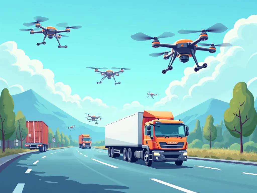 Create a futuristic illustration showing drones and autonomous vehicles being used in supply chain operations, highlighting how AI contributes to effi
