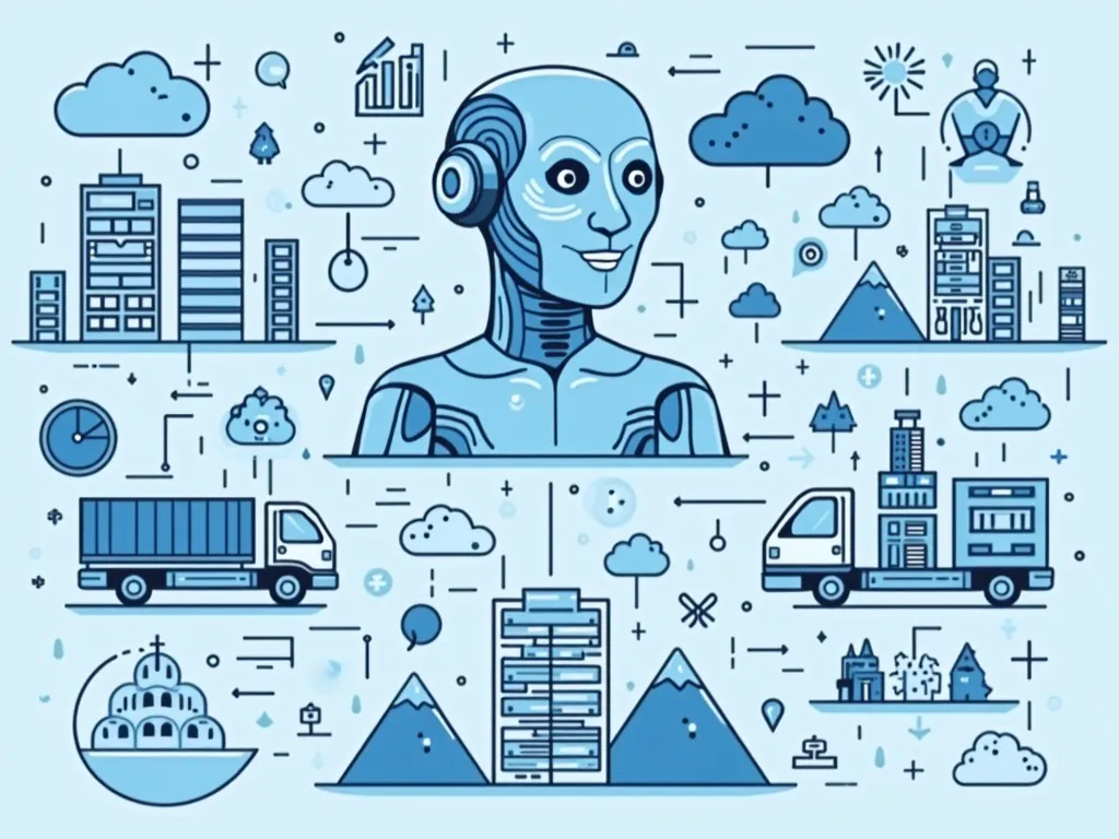 Create an illustration depicting common challenges faced by businesses when implementing AI in supply chain management, such as data quality issues, s