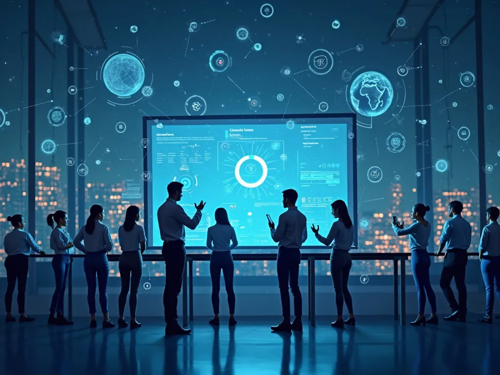 Design an image showing a diverse group of professionals working with AI technology in a supply chain setting, illustrating both the opportunities and
