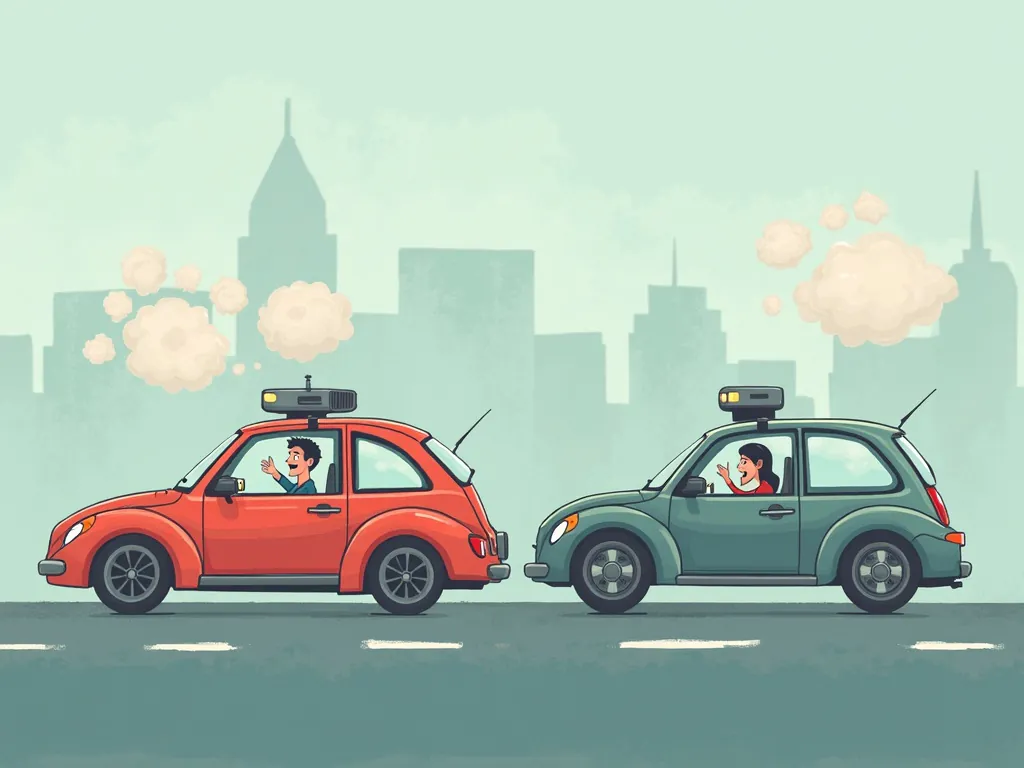 Create an image showing different public reactions to self-driving cars, ranging from excitement to skepticism.