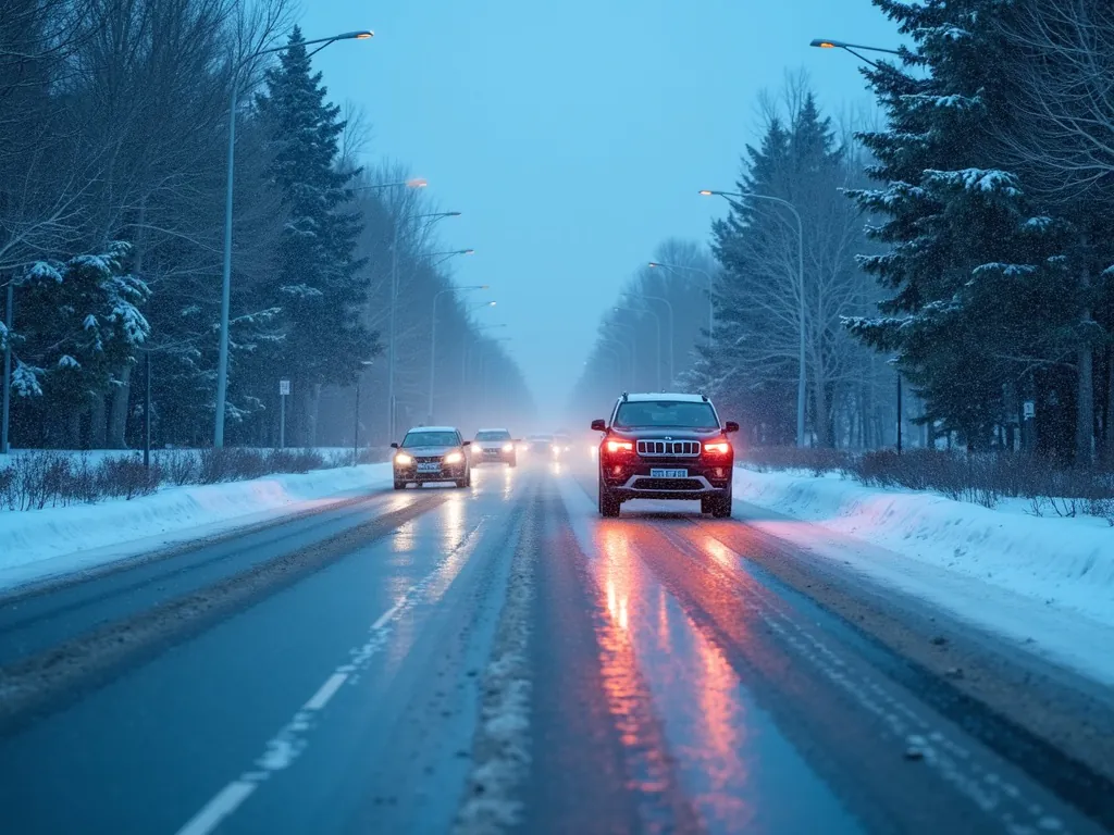 Show an AI system processing different weather conditions and unexpected road scenarios.