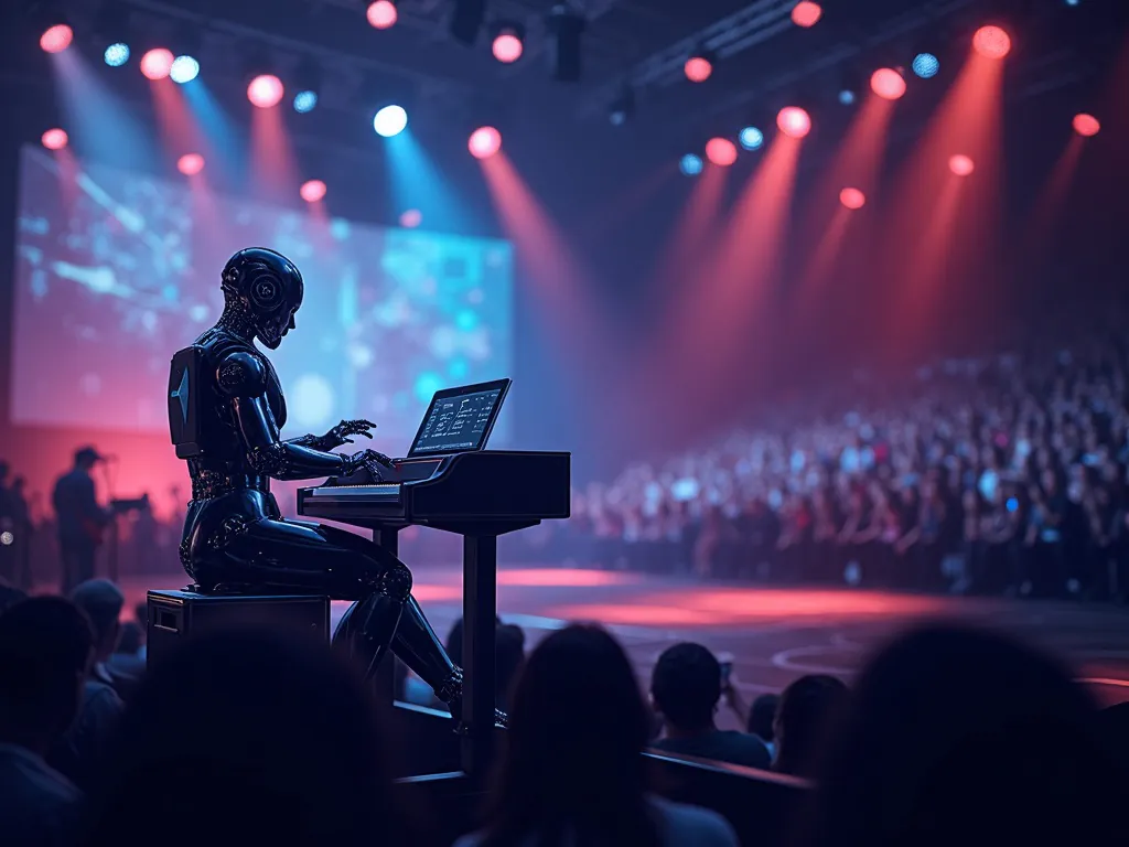 Design an image showcasing an AI conducting a live interactive music concert, highlighting futuristic elements and audience engagement.