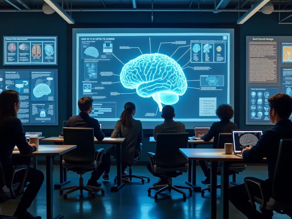 Visualize a classroom setting where students are engaged in learning about brain-computer interfaces through interactive displays and hands-on activit